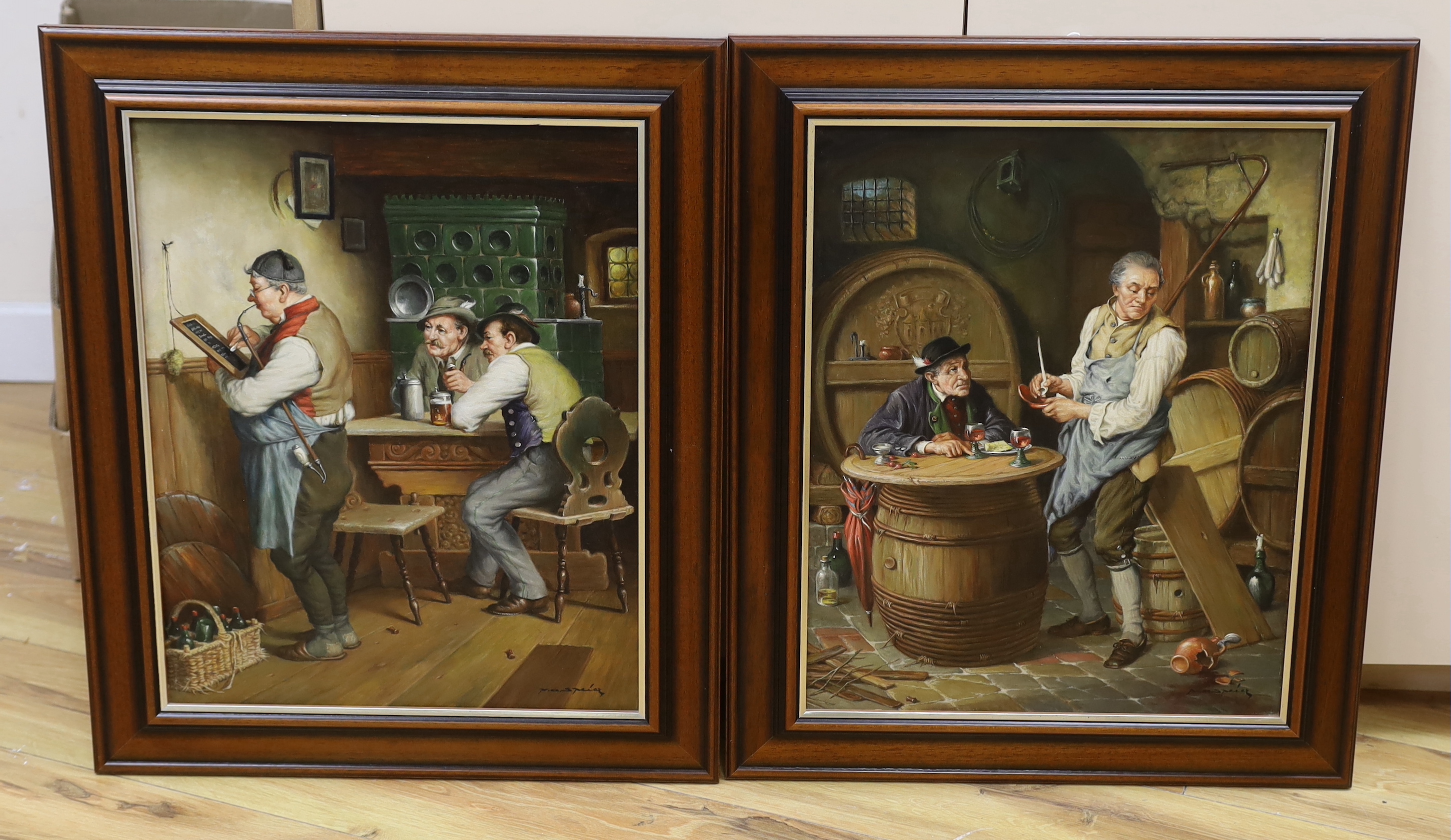 Peter Albert Speier (German b.1920), pair of oils on canvas, Tavern scenes, one titled ‘In the Chalk’, signed, various inscriptions verso including Dresden 1920, each 49cm x 39cm